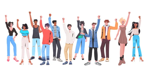 Mix race people crowd with raised up hands standing together labor day celebration concept — Stock Vector