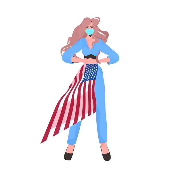 Женщина в маске держит флаг США День труда праздник коронавируса карантина концепции — стоковый вектор