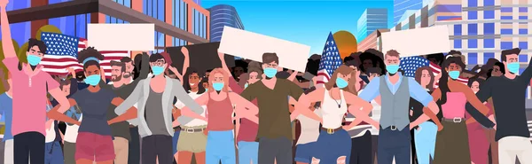 Mix závod lidé dav v maskách drží prázdný banner pracovní den oslavy coronavirus karantény — Stockový vektor