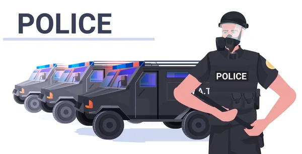 Policial em equipamento tático completo motim policial segurando baton manifestantes e motins de demonstração controle de massa — Vetor de Stock