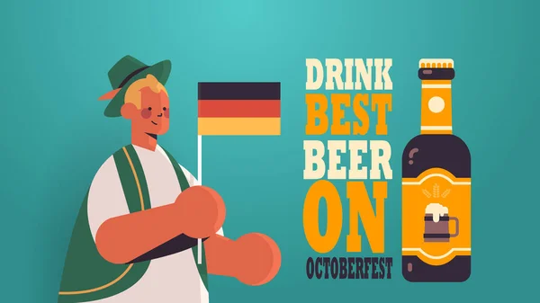 Парень проводит фестиваль пива под флагом Германии Oktoberfest party celebration concept — стоковый вектор