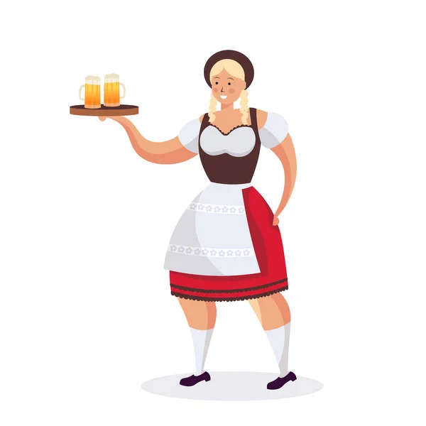 Lány pincérnő kezében sörös bögrék Oktoberfest party ünneplés koncepció — Stock Vector