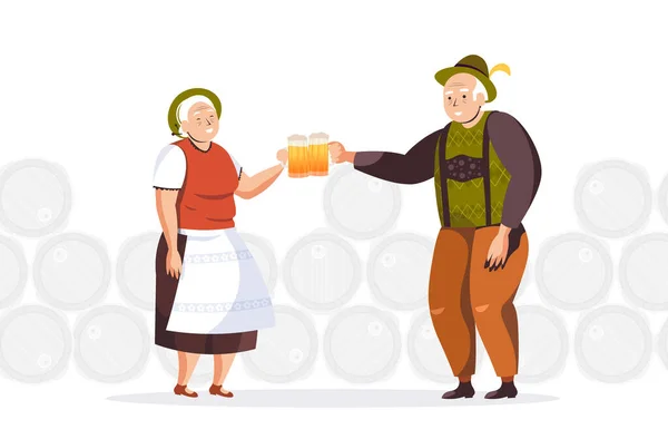 Seniorzy w tradycyjnych ubraniach pijący piwo świętujący imprezę Oktoberfest dziadkowie bawiący się — Wektor stockowy
