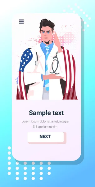 Man läkare med USA flagga arbetsdag firande hälso- och sjukvård själv isolering online konsultation koncept — Stock vektor