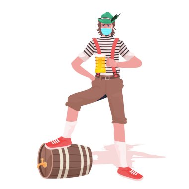 Elinde bira kupası olan tıbbi maskeli adam Oktoberfest Parti Kutlaması Coronavirus Karantina Konsepti