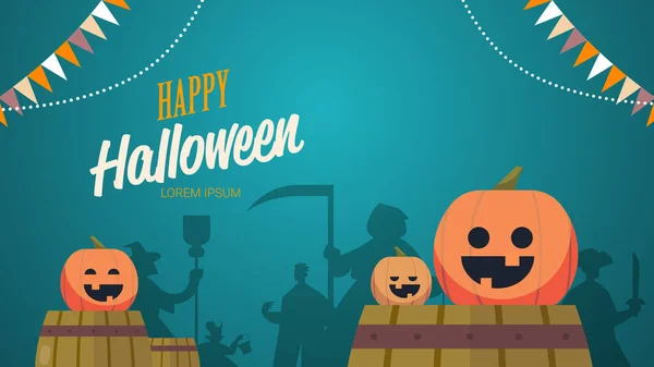Människor silhuetter i olika kostymer firar glad halloween part koncept bokstäver gratulationskort — Stock vektor