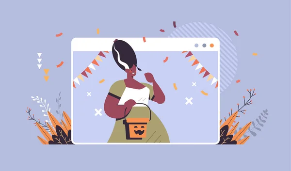 Dívka drží vědro s dýní šťastný halloween dovolená oslava vlastní izolace on-line komunikace koncept — Stockový vektor