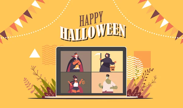 Människor i kostymer på bärbar skärm diskuterar under videosamtal glad halloween part online kommunikation — Stock vektor
