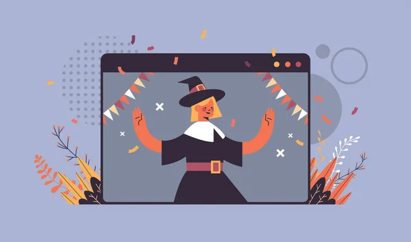 Девушка в костюме ведьмы празднует счастливый Хэллоуин праздник самоизоляции онлайн-концепция коммуникации — стоковый вектор