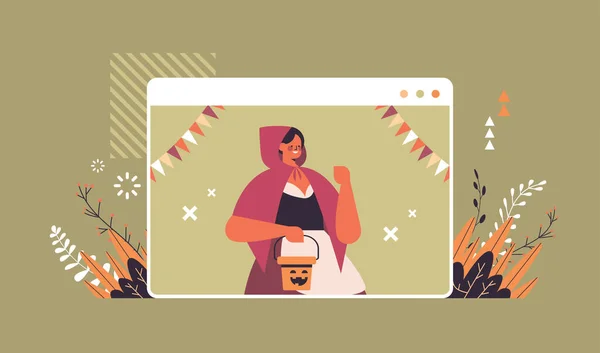 Chica en traje celebrando feliz Halloween vacaciones auto aislamiento concepto de comunicación en línea — Archivo Imágenes Vectoriales