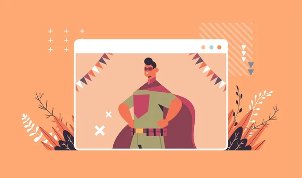 スーパーヒーロー衣装の男幸せなハロウィンパーティーお祝い自己分離オンライン通信 — ストックベクタ