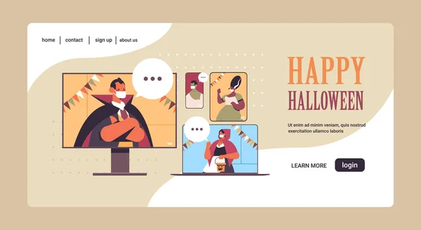 Ihmiset keskustelevat videopuhelun aikana happy halloween party coronavirus karanteeni online viestintä tekijänoikeusvapaita kuvituskuvia