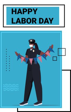 ABD bayrak bayrağı taşıyan üniformalı kadın polis.