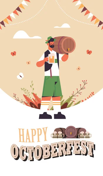 Człowiek gospodarstwa beczki i kubek piwa festiwalu Oktoberfest uroczystości koncepcja — Wektor stockowy