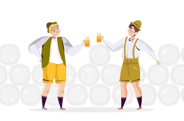 Ludzie w tradycyjnych ubraniach piją piwo świętując Oktoberfest party friends having fun — Wektor stockowy