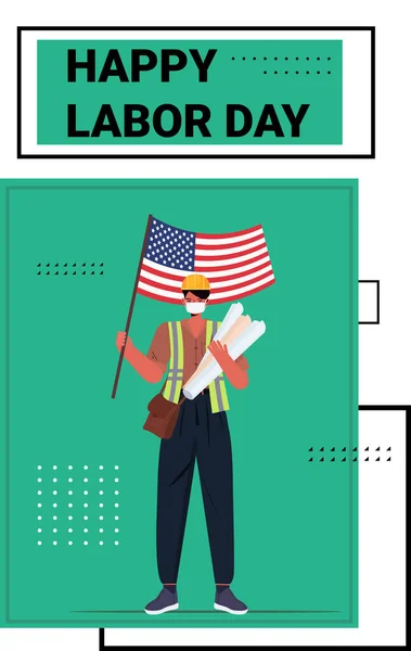 Engineer in uniform holding USA flag labor day celebration concept architect wearing mask to prevent coronavirus — Stock Vector