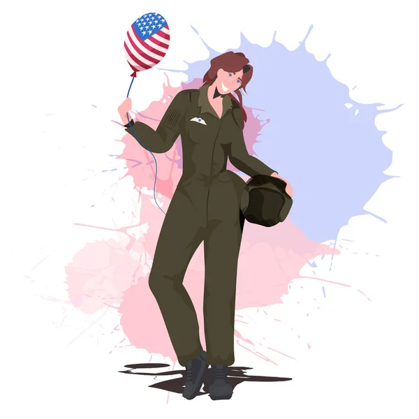 Female pilot in uniform holding balloon with USA flag happy labor day celebration aviation concept — Stock Vector