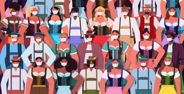 Tıbbi maskeli kalabalık bira içiyor. Oktoberfest partisi Coronavirus karantina konseptini kutluyor.