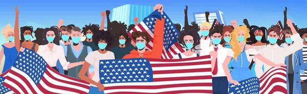 労働者の日のお祝いコロナウイルス検疫の概念を一緒に立ってマスクのレースの人々の群衆をミックス — ストックベクタ