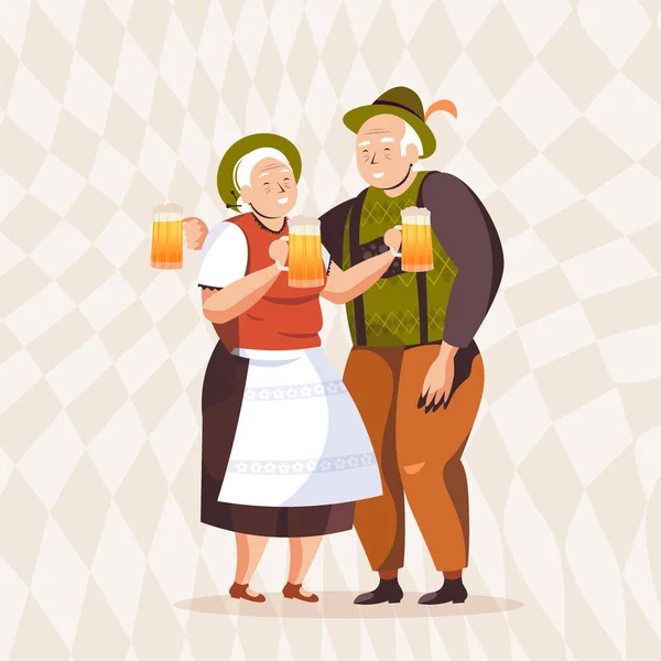 Seniorzy w tradycyjnych strojach pijący piwo świętujący imprezę Oktoberfest — Wektor stockowy