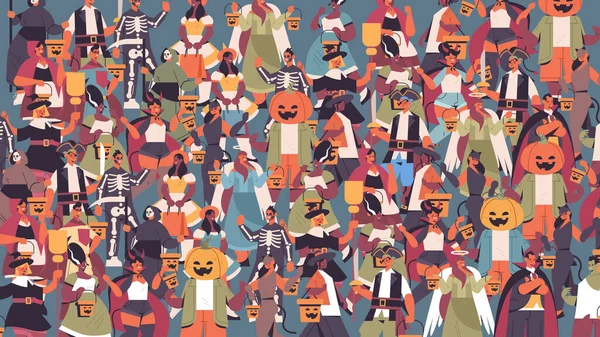 Mix Rasse Menschen in verschiedenen Kostümen feiern fröhliche Halloween-Party Konzept niedliche Männer Frauen stehen zusammen — Stockvektor
