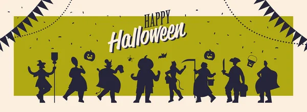 Silhouettes de personnes dans différents costumes célébrant joyeuse fête d'Halloween concept lettrage carte de vœux — Image vectorielle