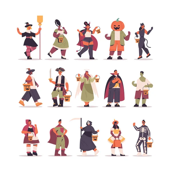 Установить смешанных людей гонки в различных костюмах стоя вместе счастливый Хэллоуин праздник концепции — стоковый вектор
