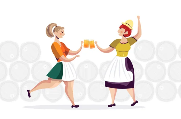 Γυναίκες με παραδοσιακά ρούχα πίνοντας μπύρα γιορτάζοντας Oktoberfest φίλους κόμμα διασκέδαση — Διανυσματικό Αρχείο