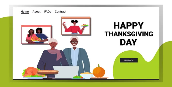 ビデオ通話中に子供たちと議論祖父母は幸せな感謝祭の日を祝うオンライン通信 — ストックベクタ