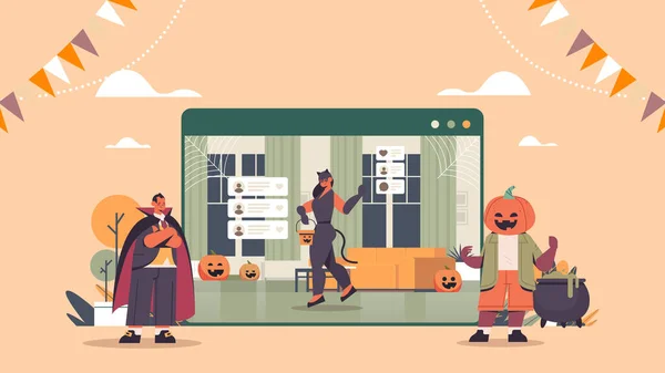 Människor i kostymer diskuterar under videosamtal glad halloween semester firande online kommunikation — Stock vektor