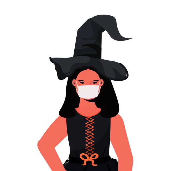 Chica en máscara usando traje de bruja mujer feliz fiesta de Halloween celebración coronavirus concepto de cuarentena — Vector de stock