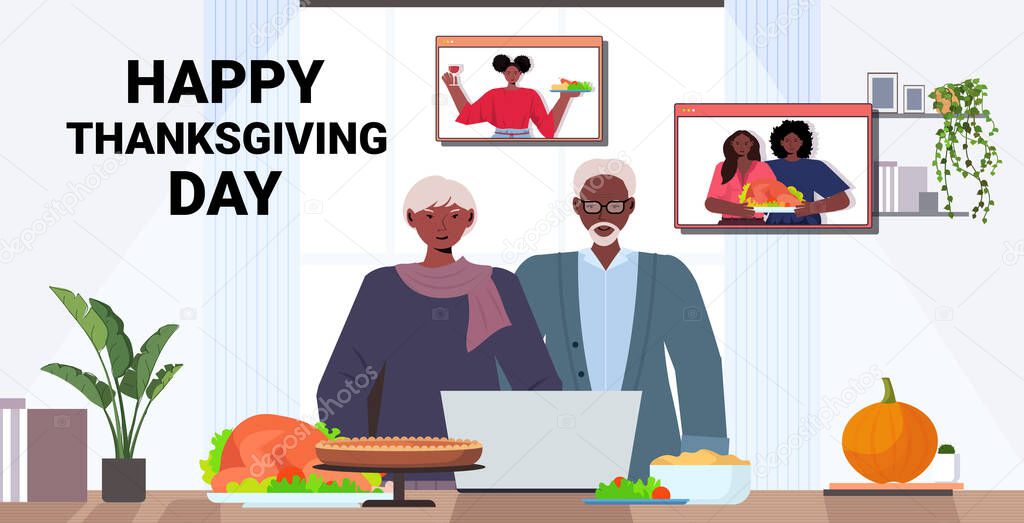grandparents discussing with children during video call celebrating happy thanksgiving day online communication