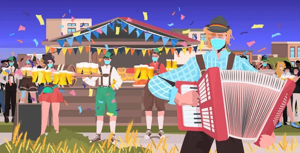 Muzikant spelen accordeon mix race mensen hebben plezier octoberfest feest feest openlucht outdoor festival — Stockvector