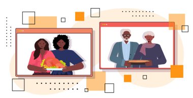 Web tarayıcı pencerelerinde Şükran Günü 'nüz kutlu olsun. Büyükanneniz ve büyükbabanız video çağrısında tartışıyor.