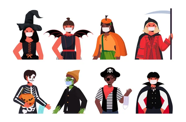 Poner a la gente en máscaras con diferentes disfraces feliz fiesta de Halloween celebración coronavirus concepto de cuarentena — Vector de stock