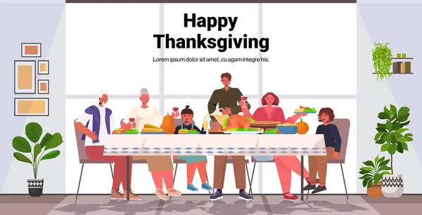 stock vector multi generation family celebrating happy thanksgiving day people sitting at table having traditional dinner