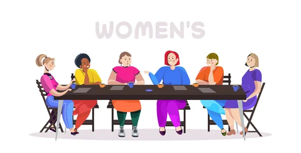 Frauen diskutieren bei einem Treffen am Runden Tisch der Frauenempowerment-Bewegung über das Konzept der Frauenpower-Union — Stockvektor