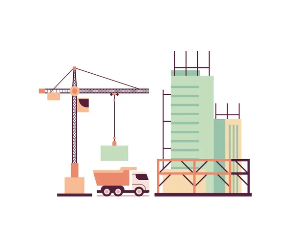 Home building engineering concept crane and truck working on construction site — Stock Vector