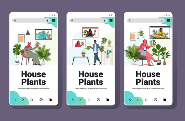 Ustawić ludzi dbających o rośliny domowe o wirtualne spotkanie z przyjaciółmi mix wyścigu podczas rozmowy wideo — Wektor stockowy