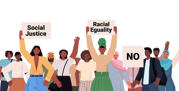 Afričtí američtí aktivisté držící stop rasismus plakáty rasová rovnost sociální spravedlnost zastavit diskriminaci — Stockový vektor