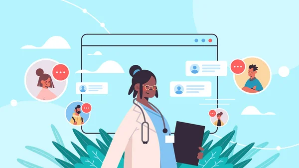 Médico na janela do navegador web consulta pacientes consulta médica on-line medicina conceito — Vetor de Stock