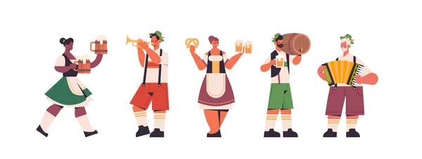 Set mix αγώνα σερβιτόροι κρατώντας κούπες μπύρα Oktoberfest κόμμα έννοια γιορτή — Διανυσματικό Αρχείο