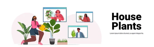 Femme arrosage plantes d'intérieur afro-américaine ménagère discuter avec des amis dans les fenêtres du navigateur Web — Image vectorielle