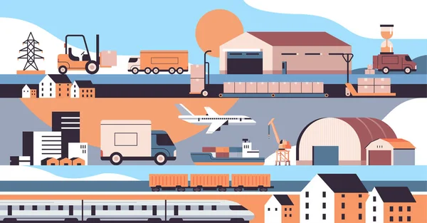 Logisztikai szállítás set teherautók hajó repülőgép vonat raktár áru szimbólumok expressz szállítási szolgáltatás koncepció — Stock Vector