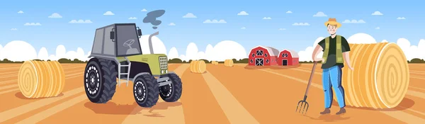 Αρσενικός αγρότης με στολή που συλλέγει σανό τρακτέρ που φτιάχνει αχυρένιες μπάλες σε καλλιεργούμενο χωράφι με σιτάρι οικολογική γεωργία — Διανυσματικό Αρχείο