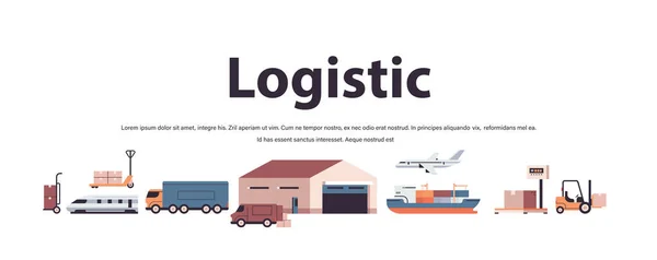 Logistic transportation set trucks ship airplane train warehouse cargo symbols express delivery service concept — Stock Vector