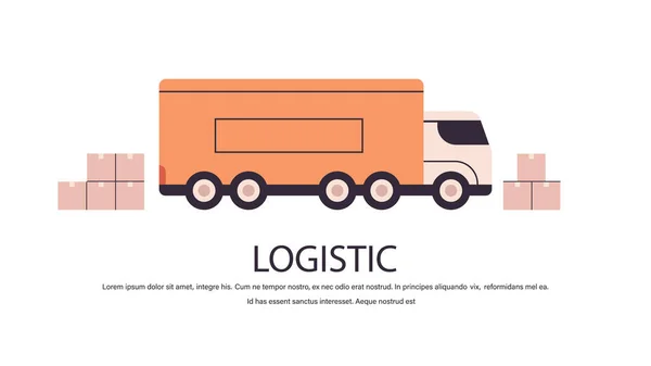 판지 상자가 들어 있는 트럭: 제품을 운송하는 물류 수송 급송 서비스 — 스톡 벡터