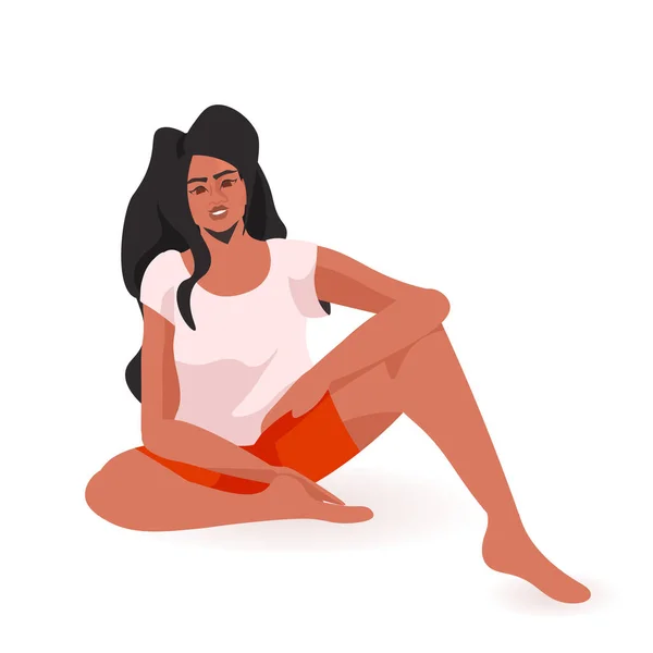 Schönes Mädchen in lässiger Kleidung weibliche Cartoon-Figur sitzt in voller Länge posieren — Stockvektor