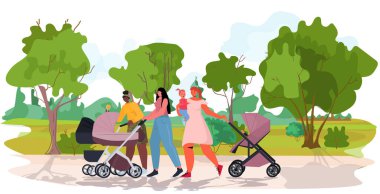 Yarış anneleri yeni doğmuş bebeklerle bebek arabalarında yürür annelik kavramı şehir parkı manzarası