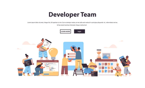 Mix ras web ontwikkelaars team het creëren van programma code applicatie ontwikkeling software programmering concept — Stockvector